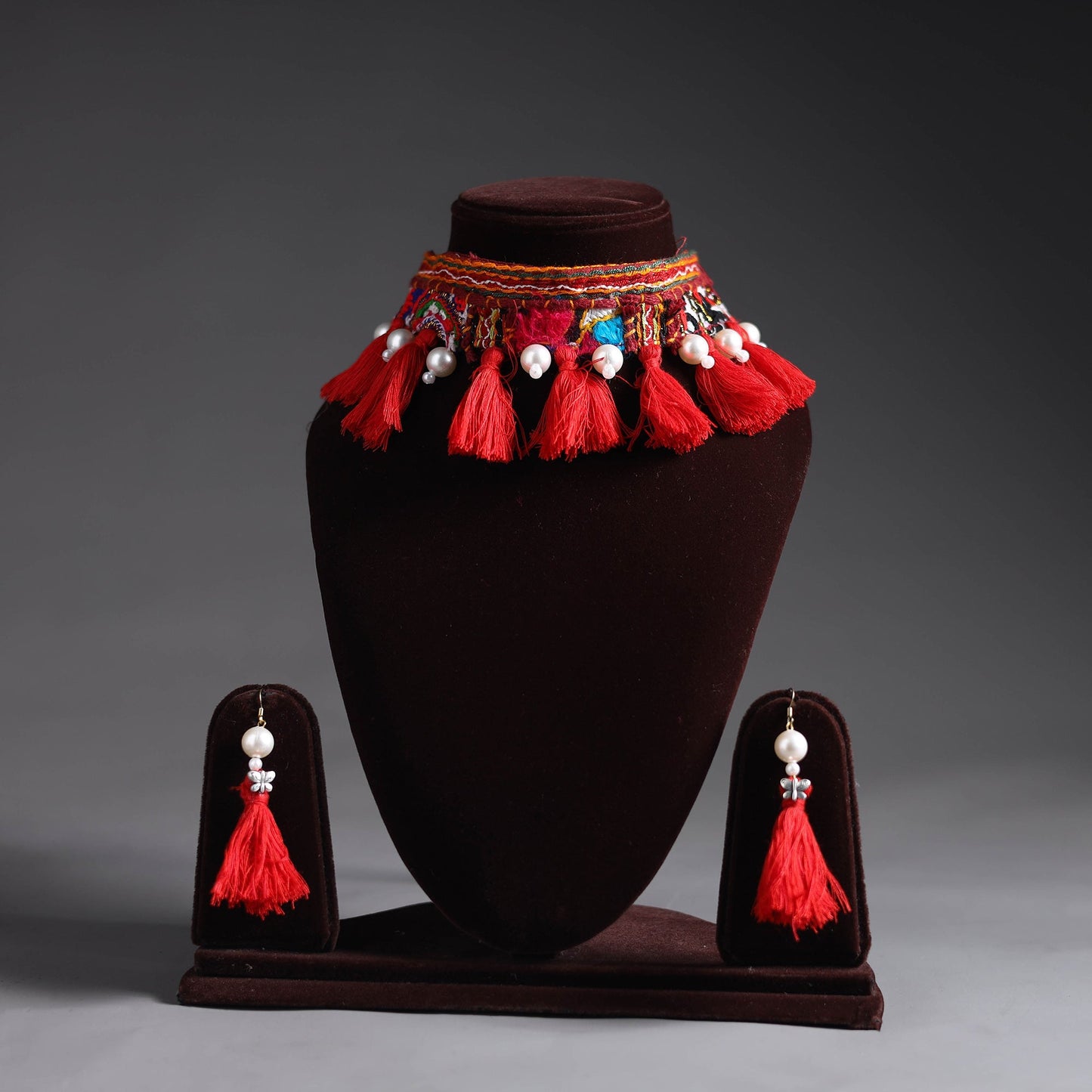 Red - handcrafted kutch embroidered choker necklace set 28