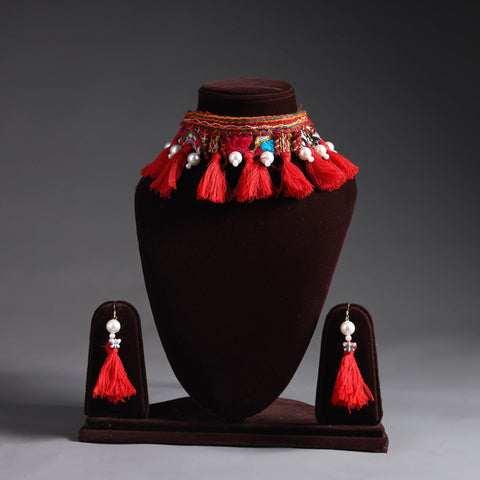 Red - handcrafted kutch embroidered choker necklace set 28