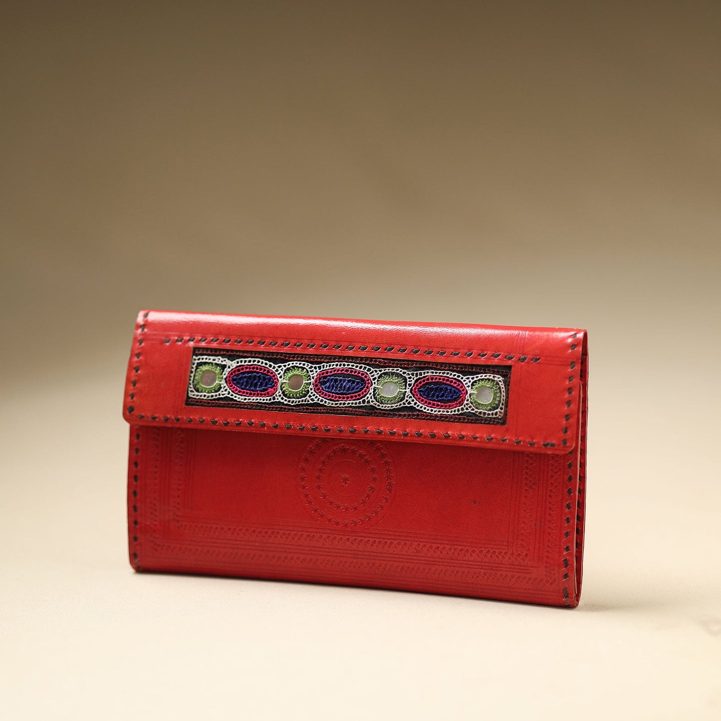 Red Handcrafted Kutch Jat Embroidery Leather Wallet