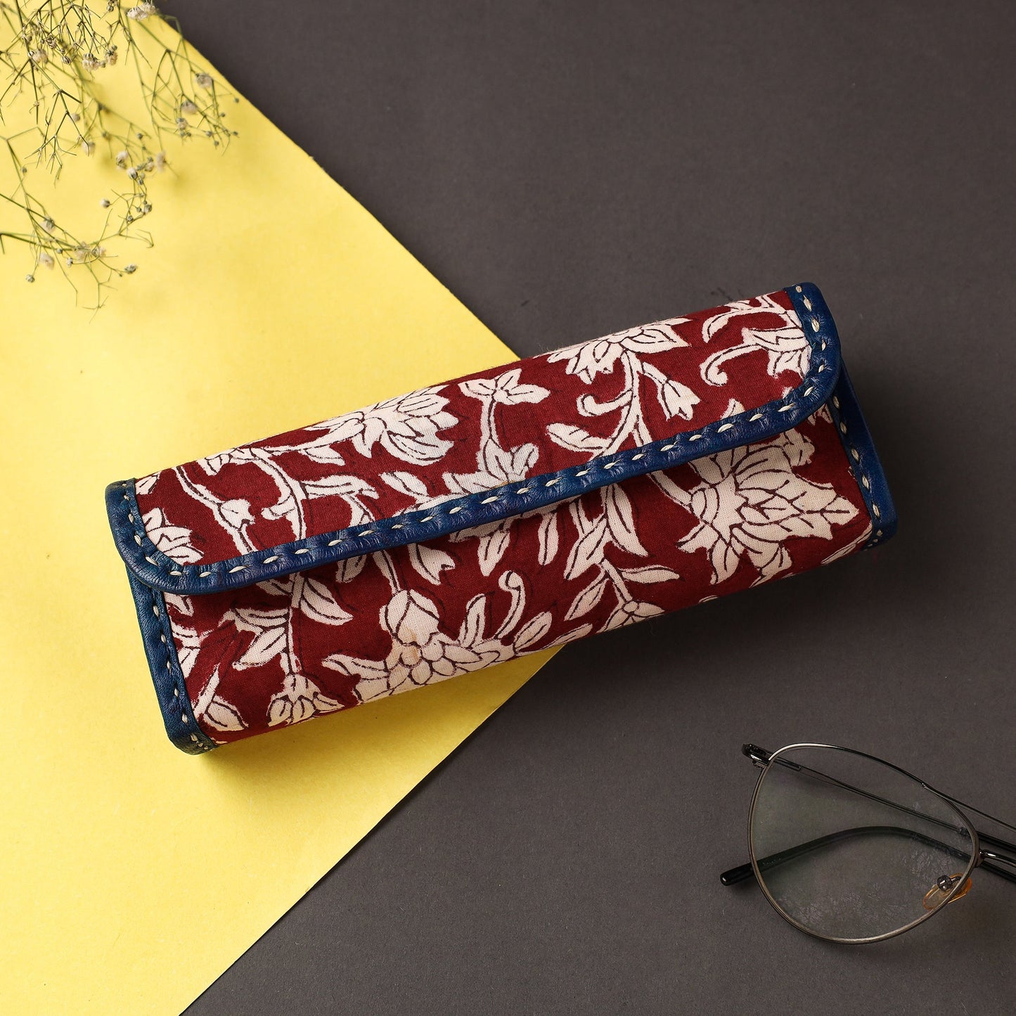 Red Handcrafted Kutch Leather Block Printed Spectacle Case