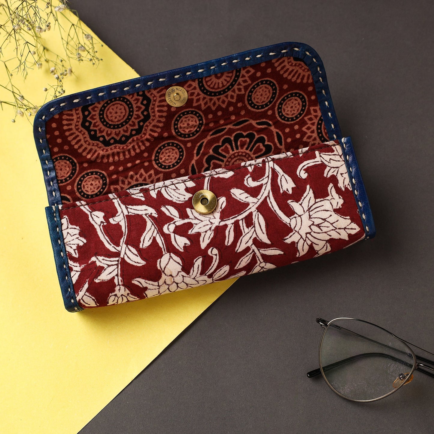 Red Handcrafted Kutch Leather Block Printed Spectacle Case