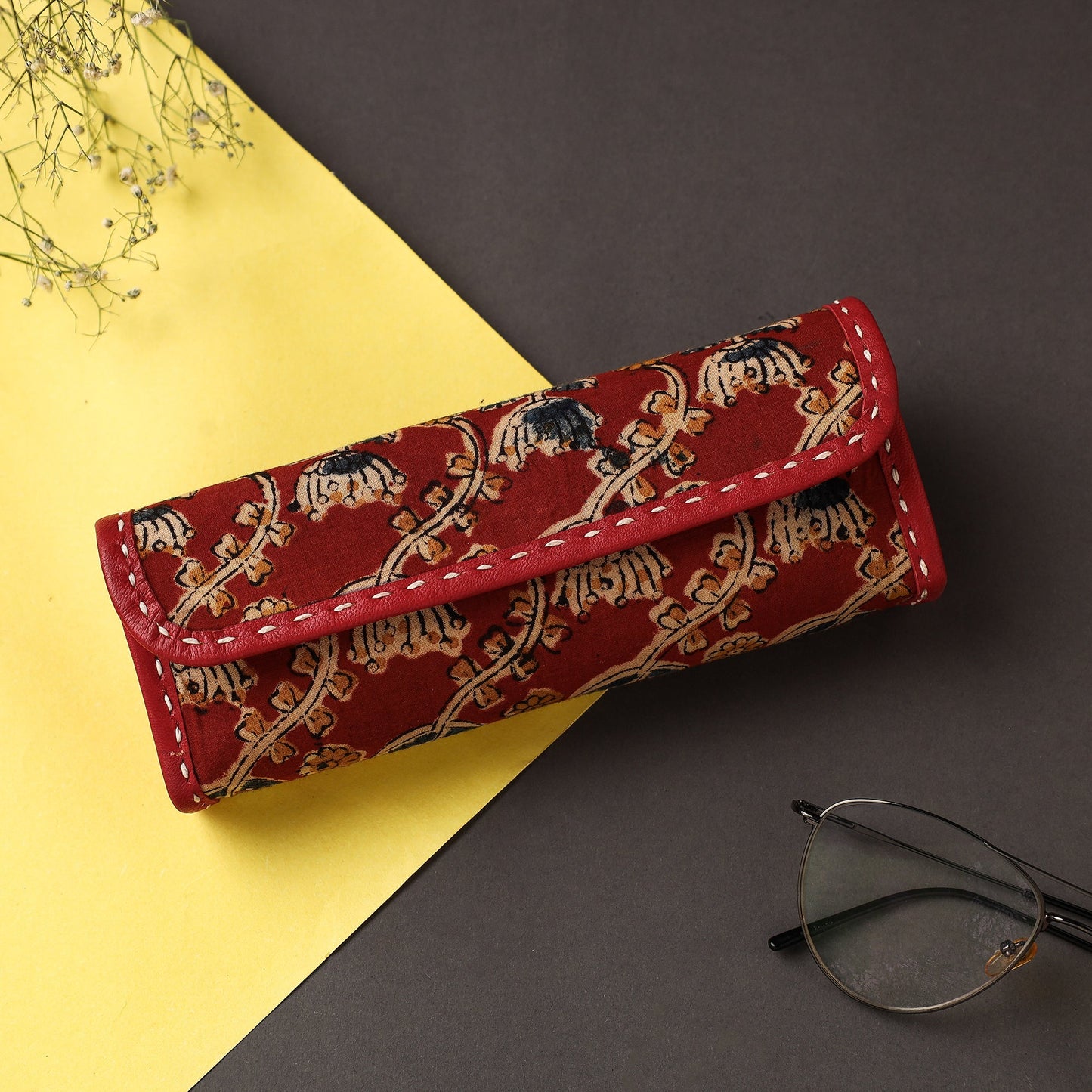 Red Handcrafted Kutch Leather Block Printed Spectacle Case