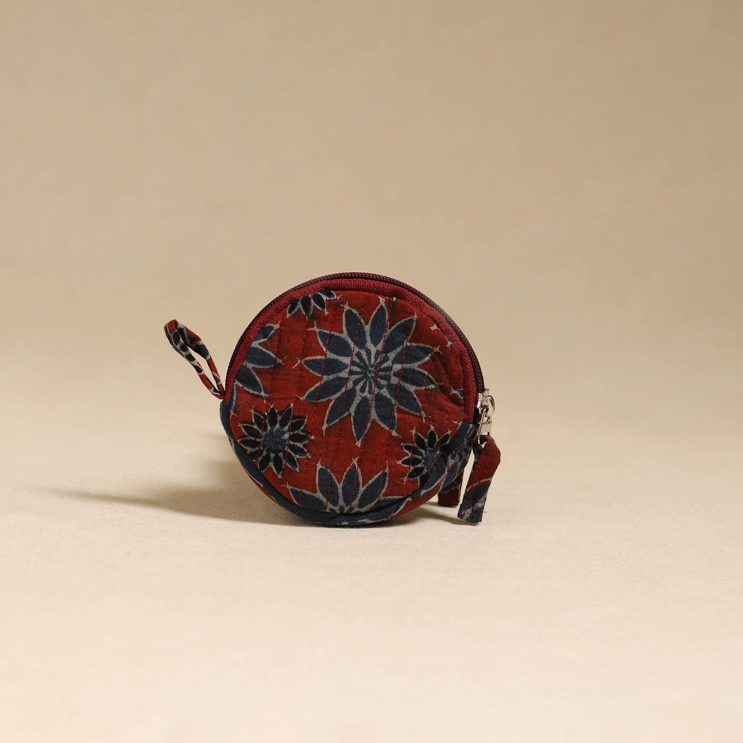 Red - handcrafted quilted ajrakh block printed fabric coin