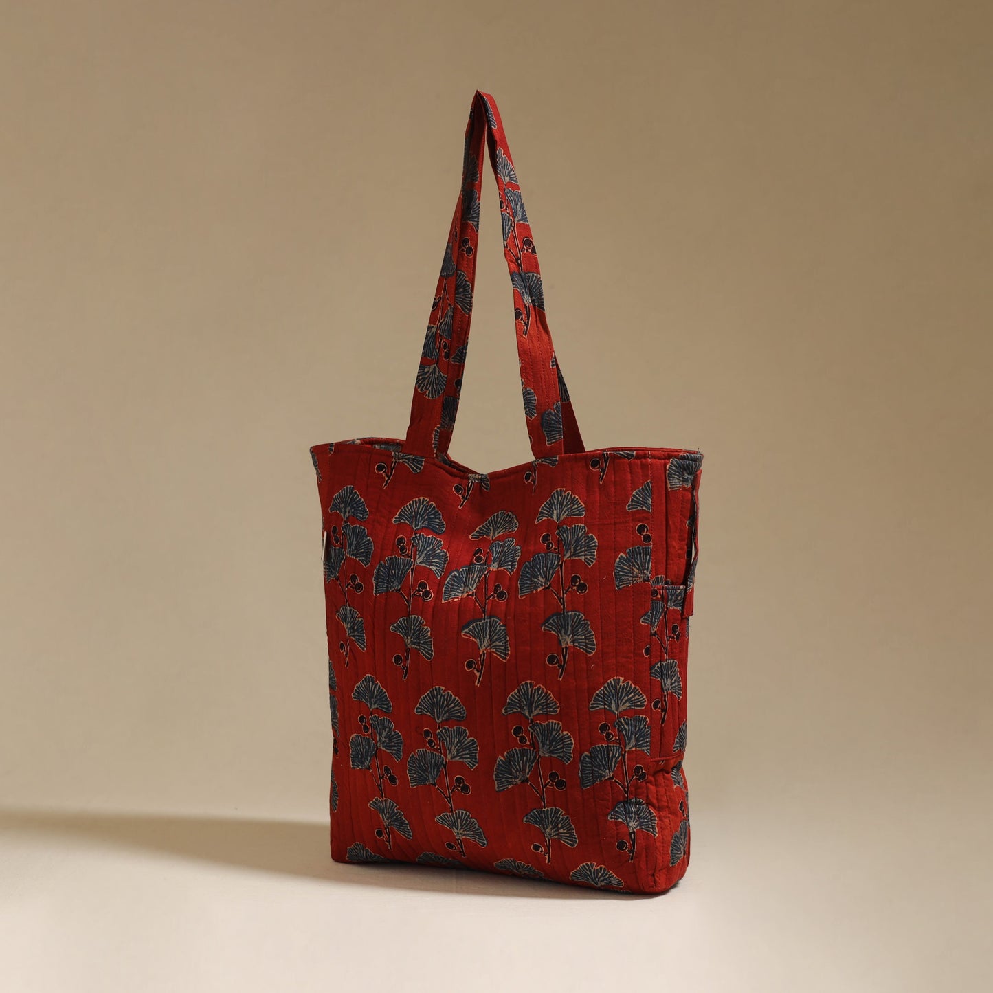 Handcrafted quilted ajrakh block printed fabric tote bag