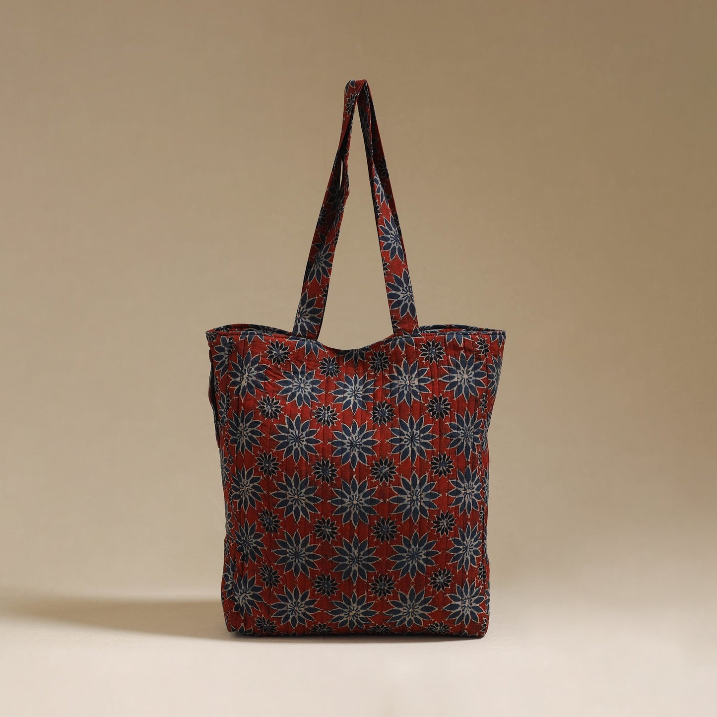 Handcrafted quilted ajrakh block printed fabric tote bag