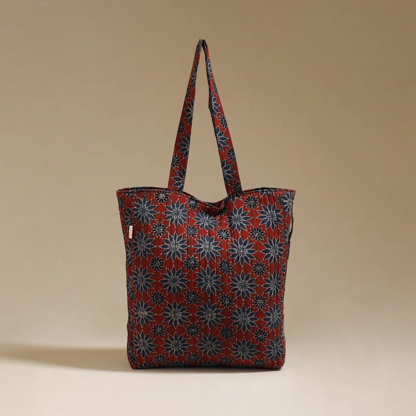 Handcrafted quilted ajrakh block printed fabric tote bag