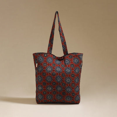 Handcrafted quilted ajrakh block printed fabric tote bag