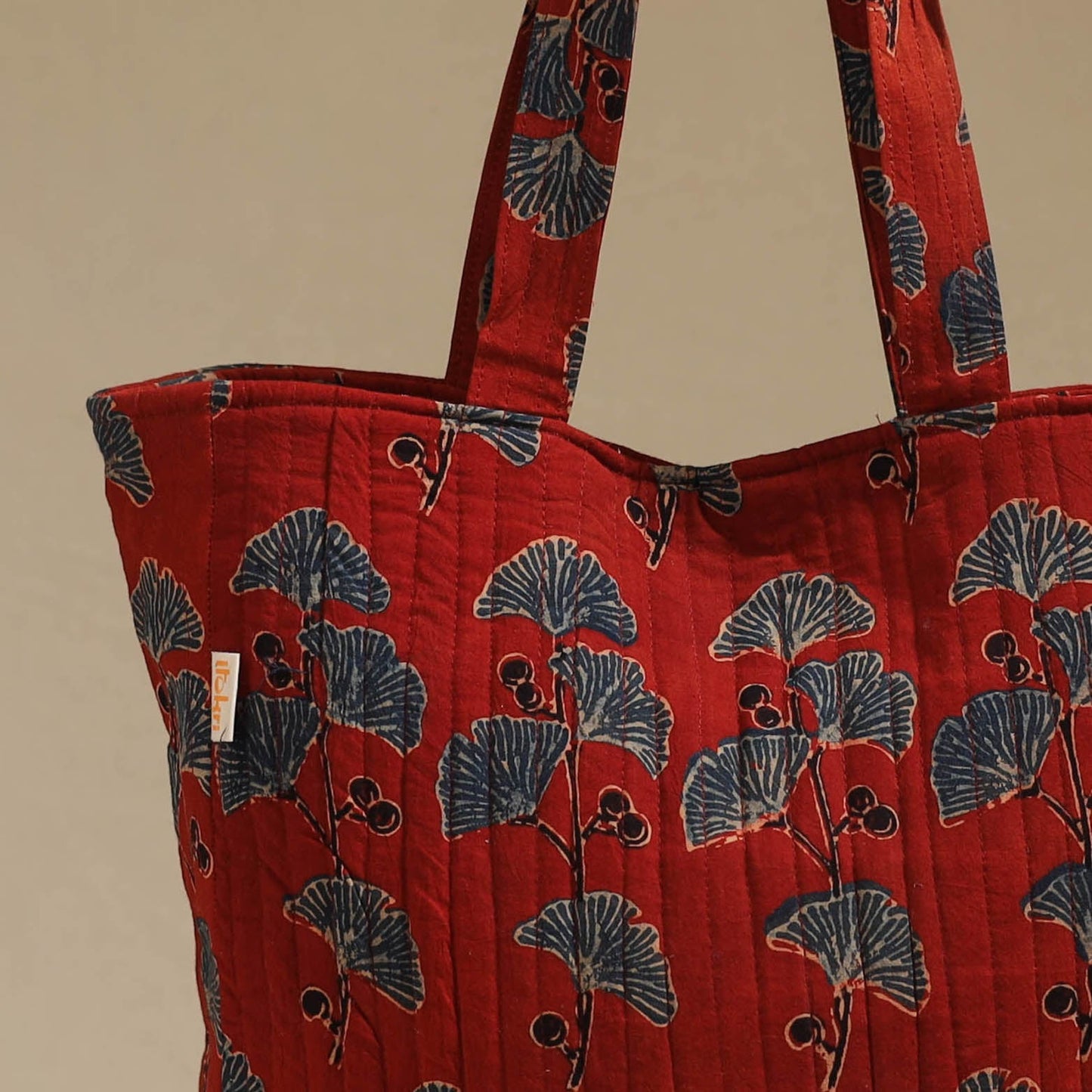 Handcrafted quilted ajrakh block printed fabric tote bag