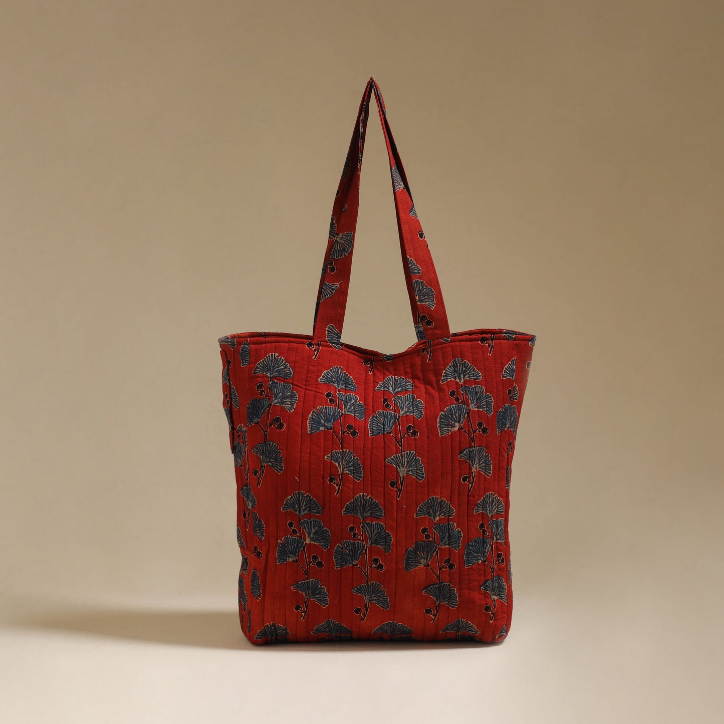 Handcrafted quilted ajrakh block printed fabric tote bag
