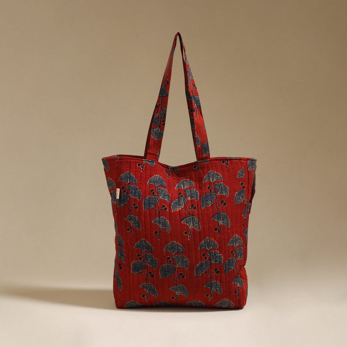 Handcrafted quilted ajrakh block printed fabric tote bag