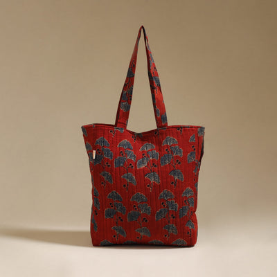 Handcrafted quilted ajrakh block printed fabric tote bag