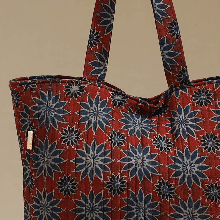 Handcrafted quilted ajrakh block printed fabric tote bag