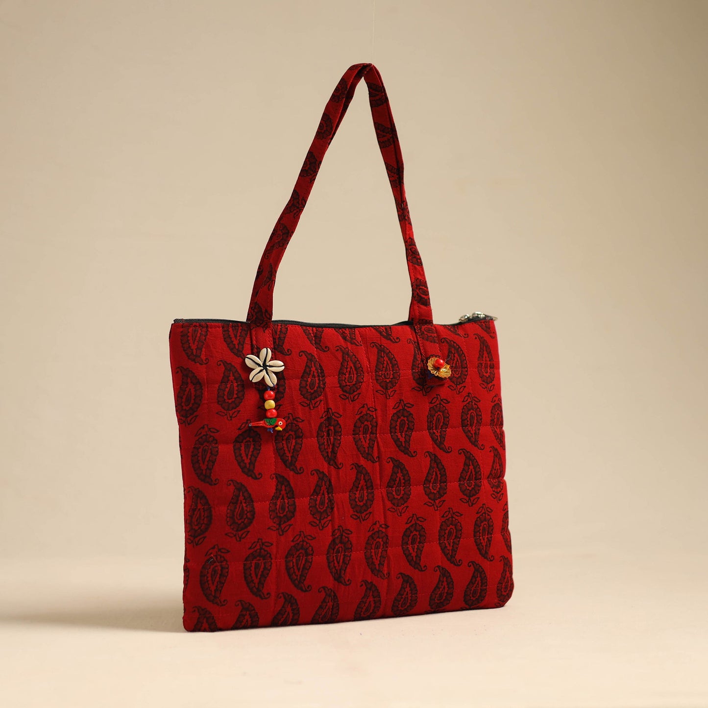 Red Handcrafted Quilted Cotton Hand Bag