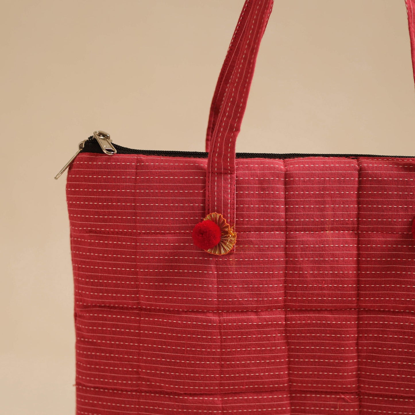 Red Handcrafted Quilted Cotton Hand Bag