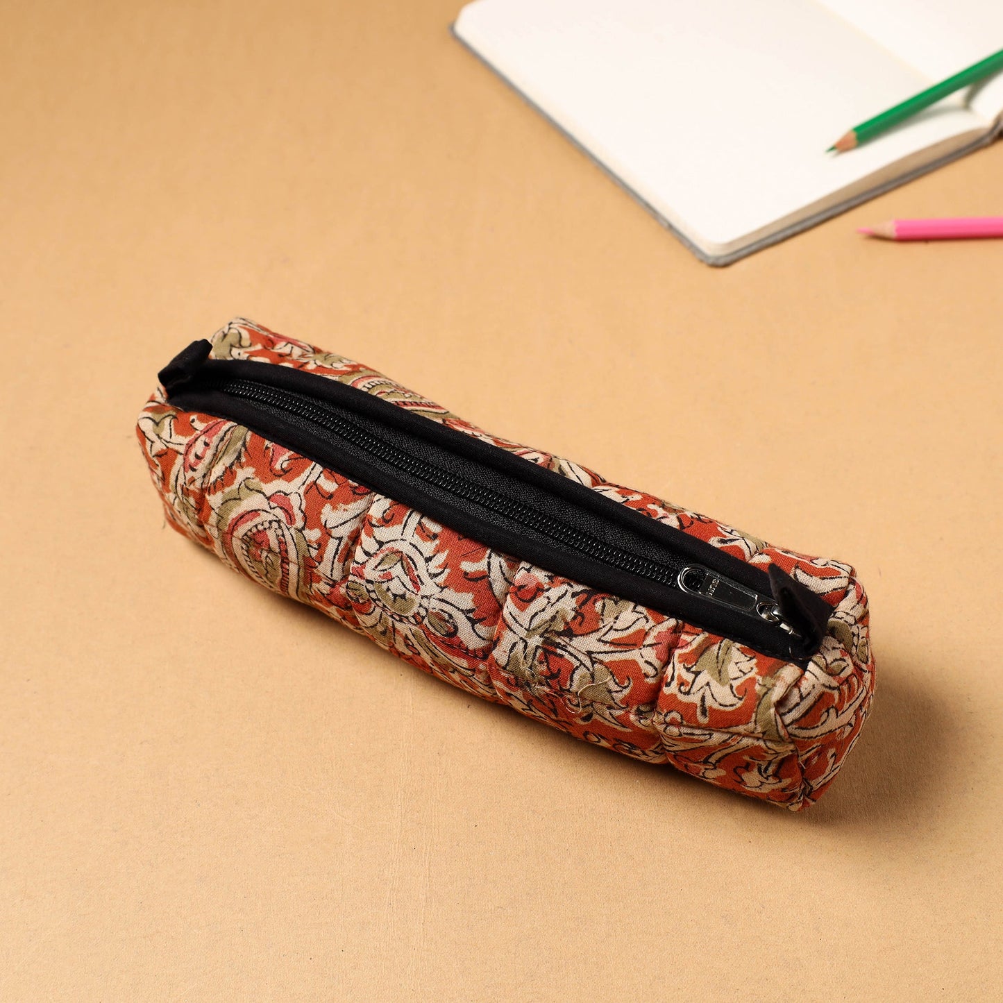 Red Handcrafted Quilted Cotton Pencil Pouch