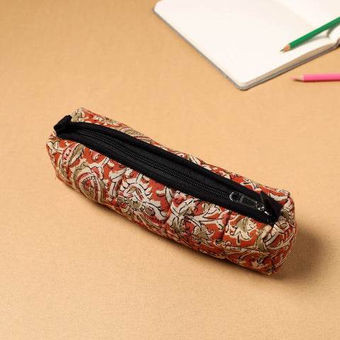 Red Handcrafted Quilted Cotton Pencil Pouch