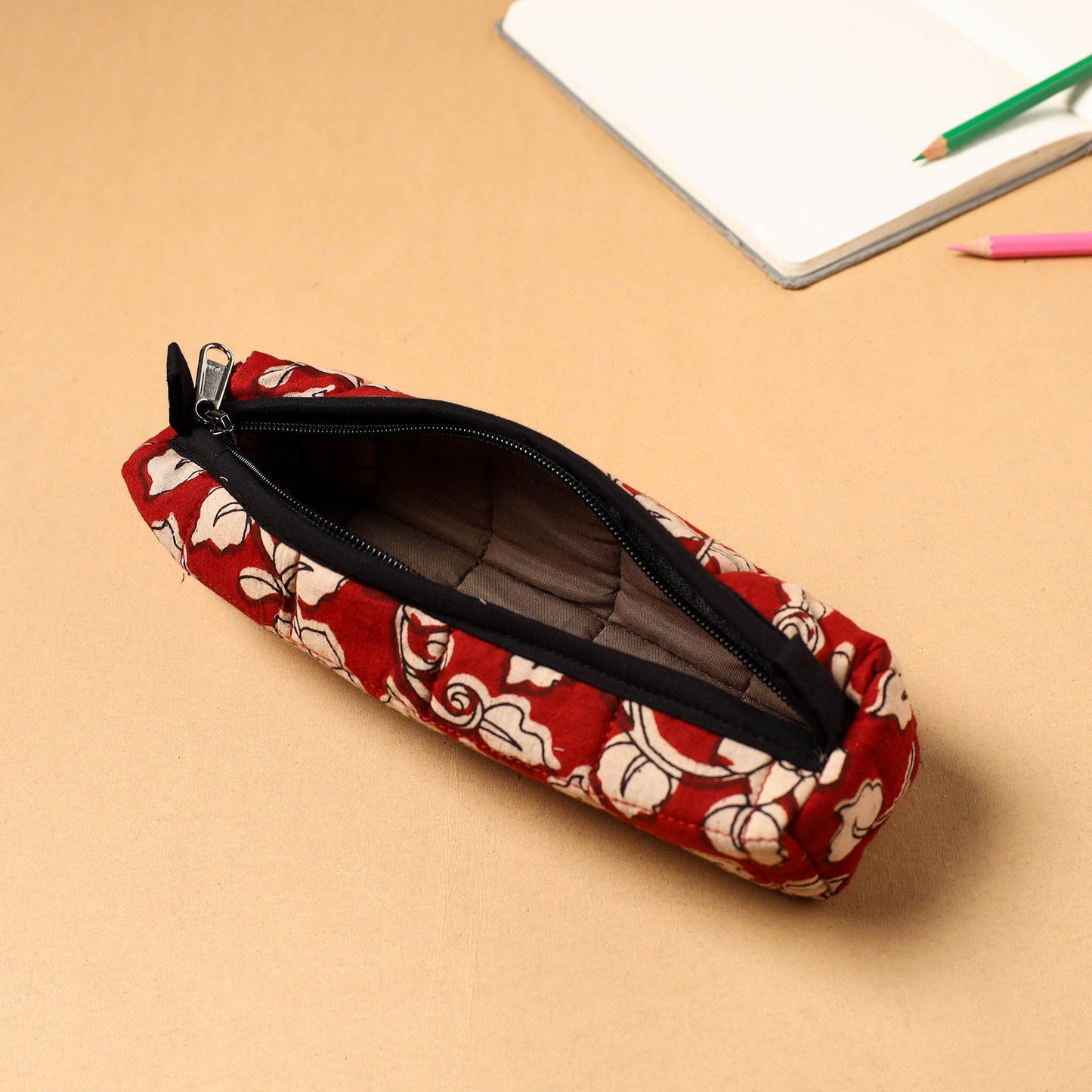 Red Handcrafted Quilted Cotton Pencil Pouch