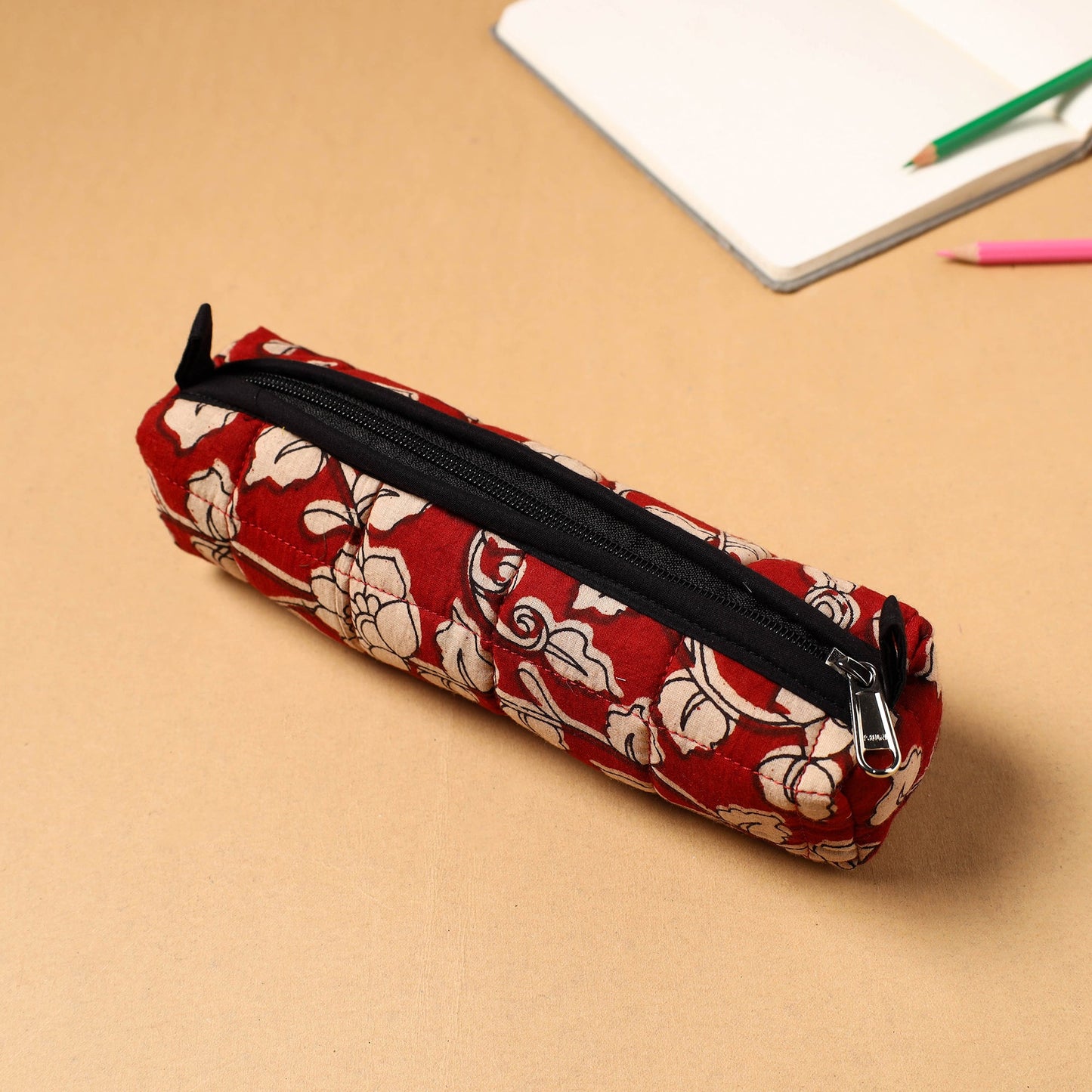 Red Handcrafted Quilted Cotton Pencil Pouch