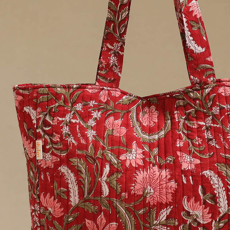 Handcrafted quilted sanganeri block printed fabric tote bag