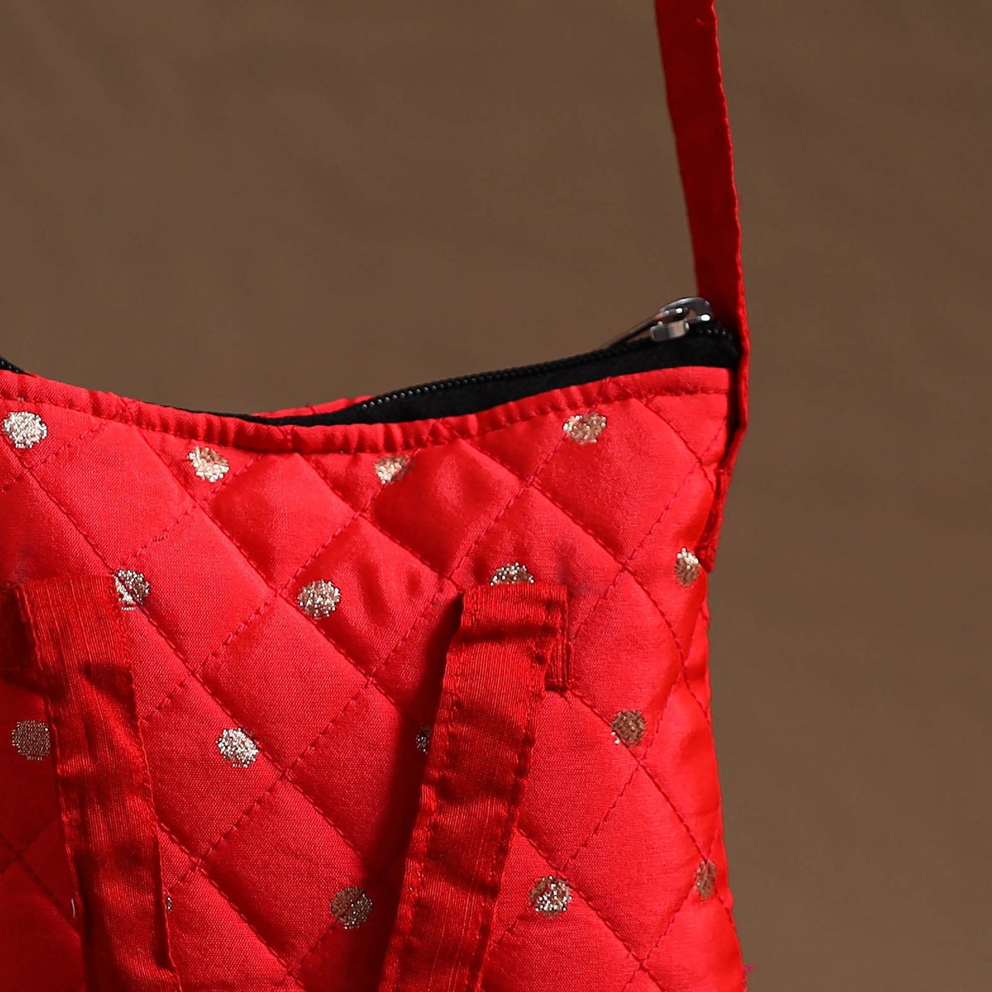 Red Handcrafted Quilted Silk Sling Bag 14