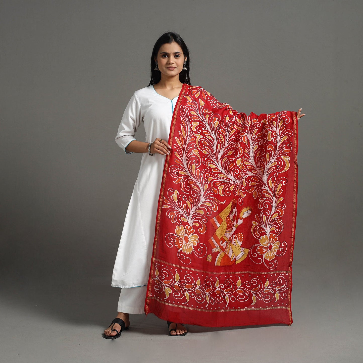 Buy Handloom Chanderi Silk Hand Batik Printed Dupatta
