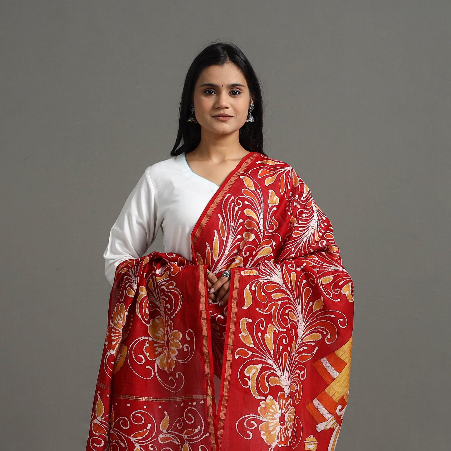 Buy Handloom Chanderi Silk Hand Batik Printed Dupatta