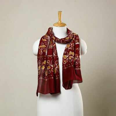  Red Handloom Chanderi Silk Hand Batik Print Stole