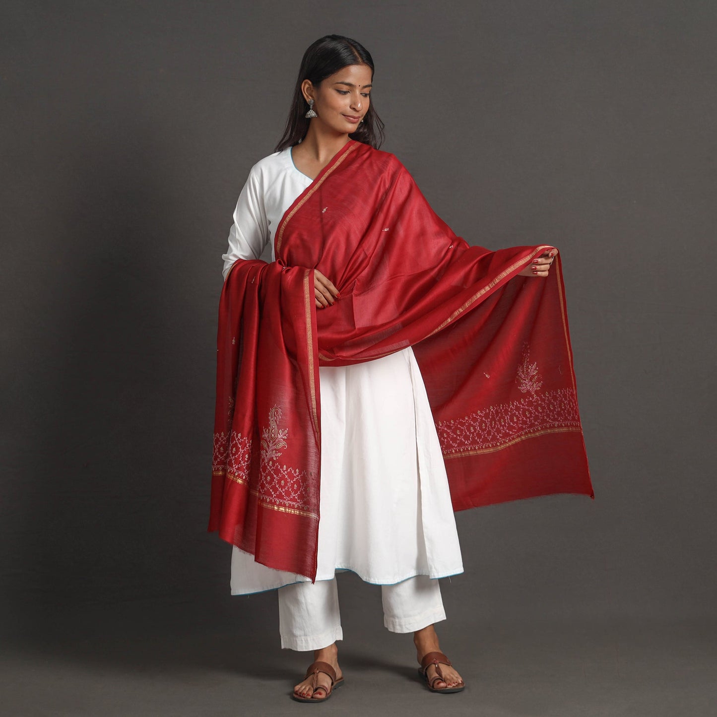  Red Handloom Chanderi Silk Kashida Embroidery Dupatta 