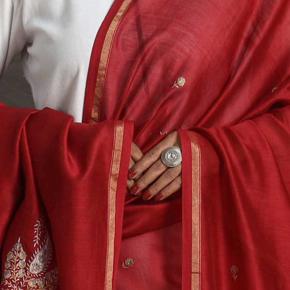 Red - handloom chanderi silk kashida embroidery dupatta 05