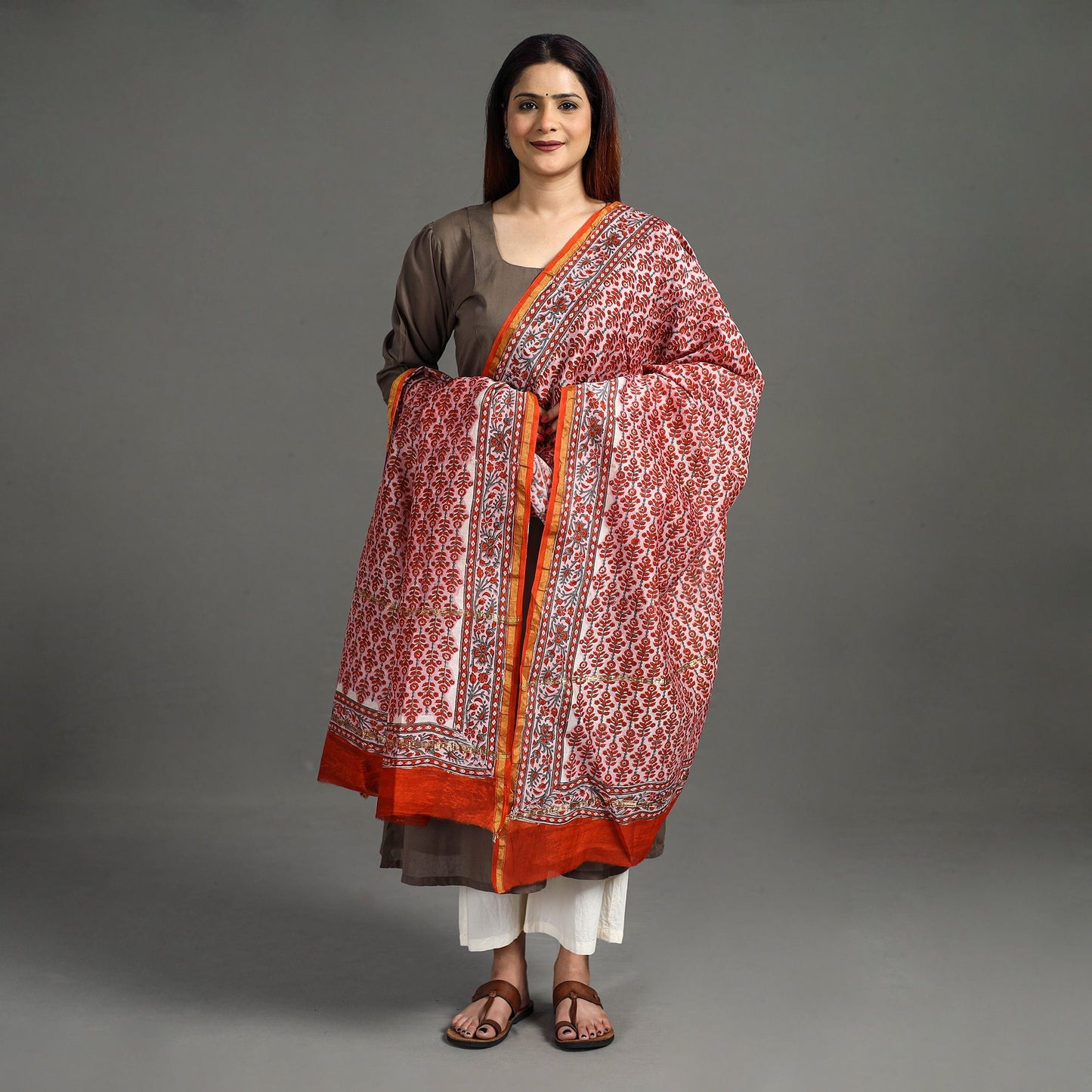Buy Handloom Chanderi Silk Sanganeri Print Dupatta