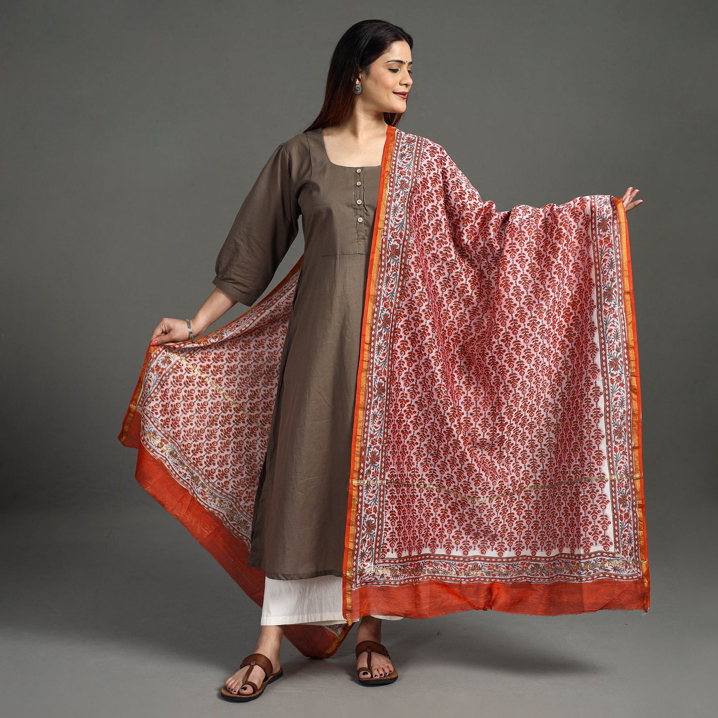 Buy Handloom Chanderi Silk Sanganeri Print Dupatta
