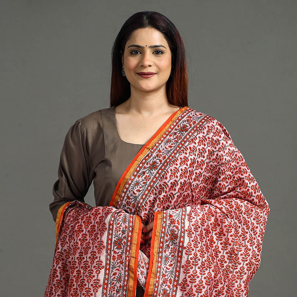 Buy Handloom Chanderi Silk Sanganeri Print Dupatta