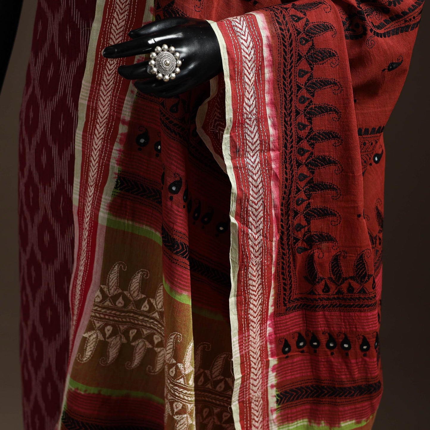 Brown - handloom cotton bengal hand kantha work dupatta 02