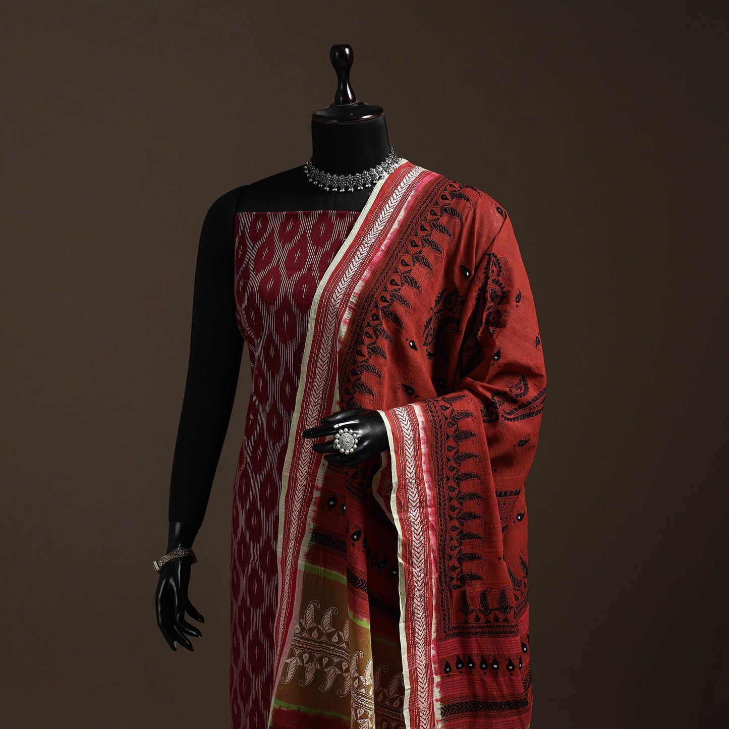 Brown - handloom cotton bengal hand kantha work dupatta 02