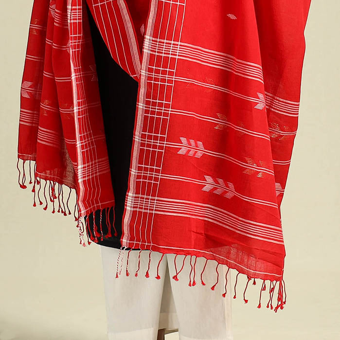 Red Handloom Cotton Burdwan Jamdani Dupatta
