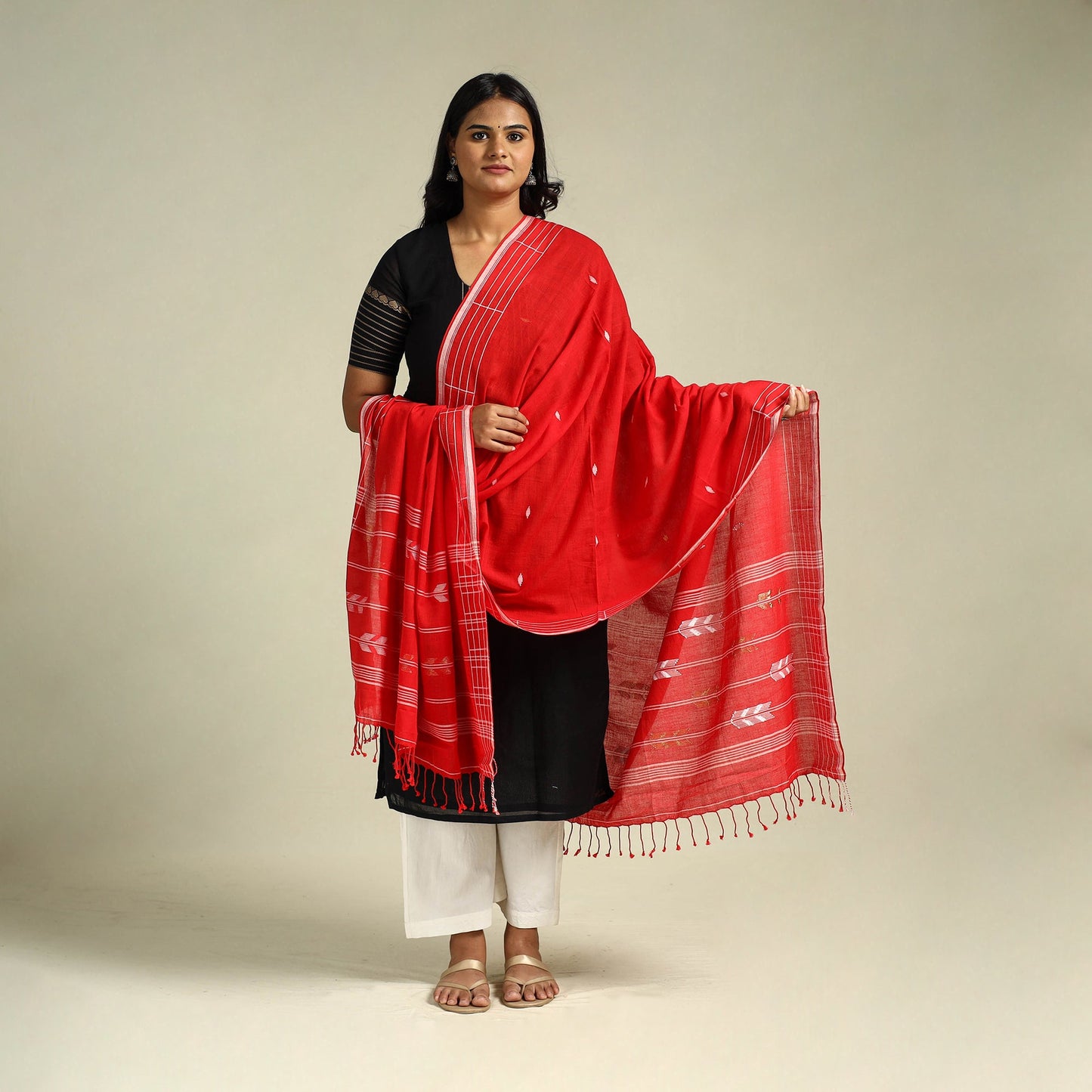 Red Handloom Cotton Burdwan Jamdani Dupatta