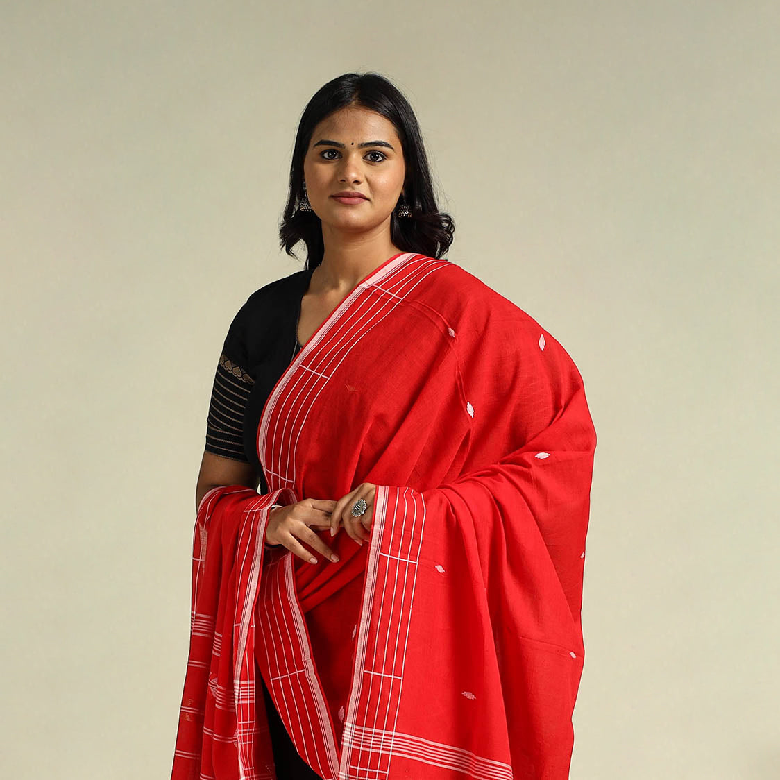 Red Handloom Cotton Burdwan Jamdani Dupatta