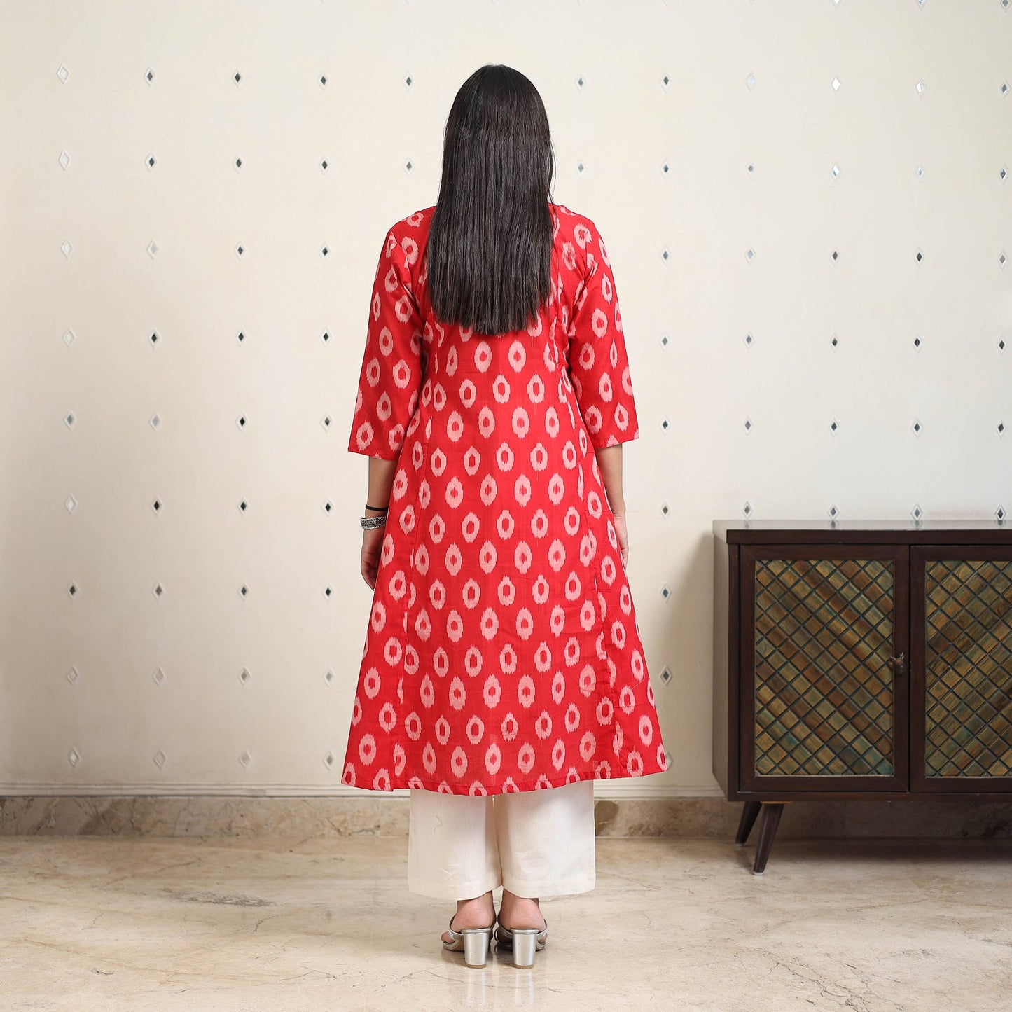 Red Handloom Cotton A-Line Pochampally Ikat Kurta