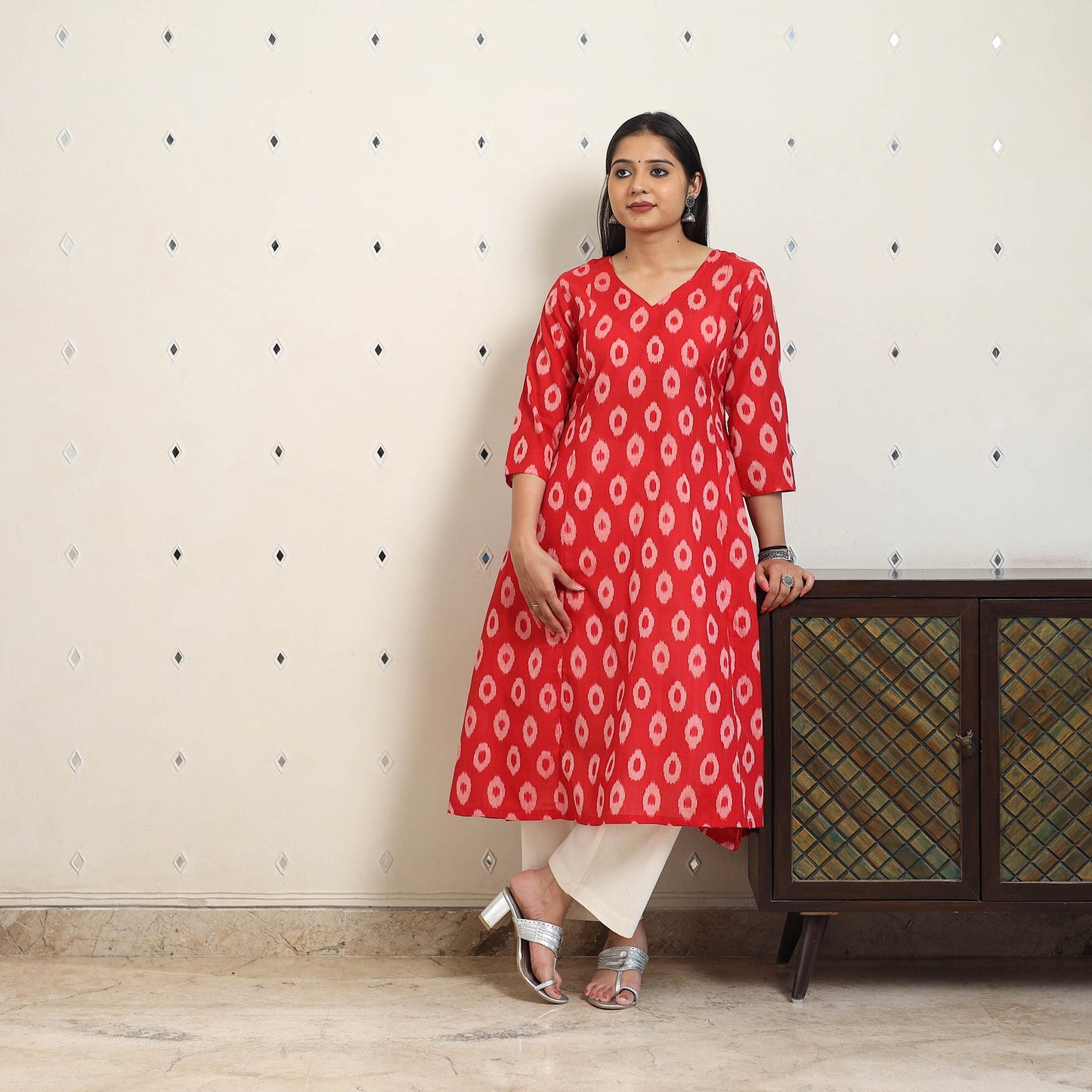Red Handloom Cotton A-Line Pochampally Ikat Kurta