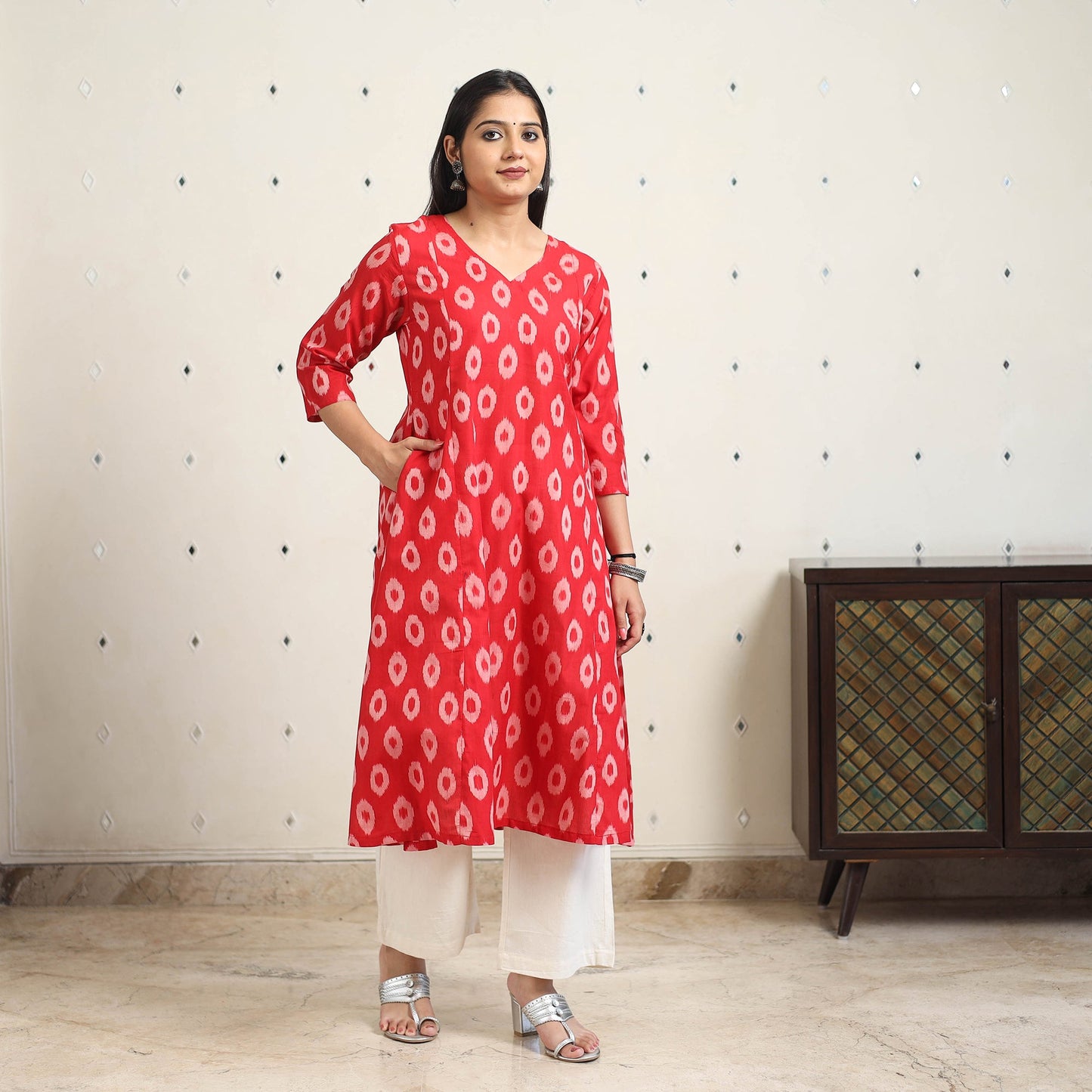 Red Handloom Cotton A-Line Pochampally Ikat Kurta