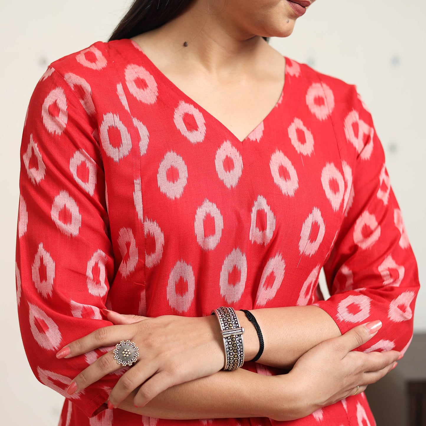 Red Handloom Cotton A-Line Pochampally Ikat Kurta