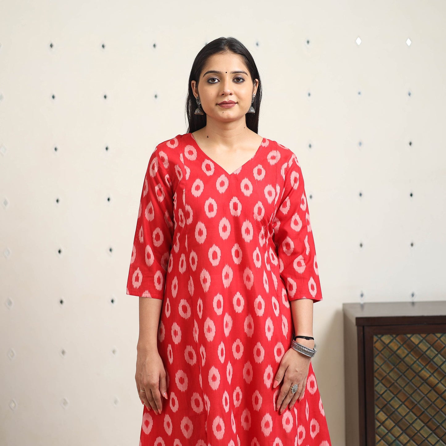 Red Handloom Cotton A-Line Pochampally Ikat Kurta