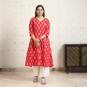 Red Handloom Cotton A-Line Pochampally Ikat Kurta