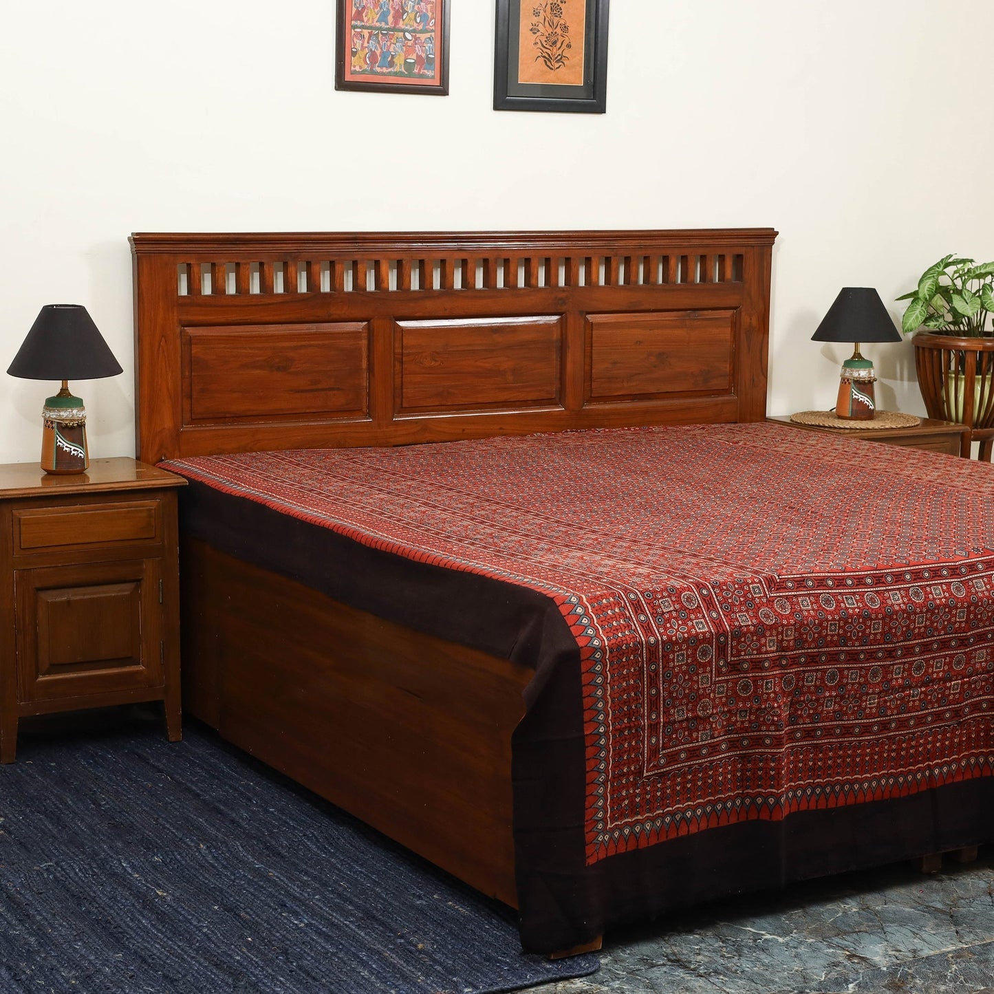 Red Handloom Cotton Block Print Double Ajrakh Bed Sheet