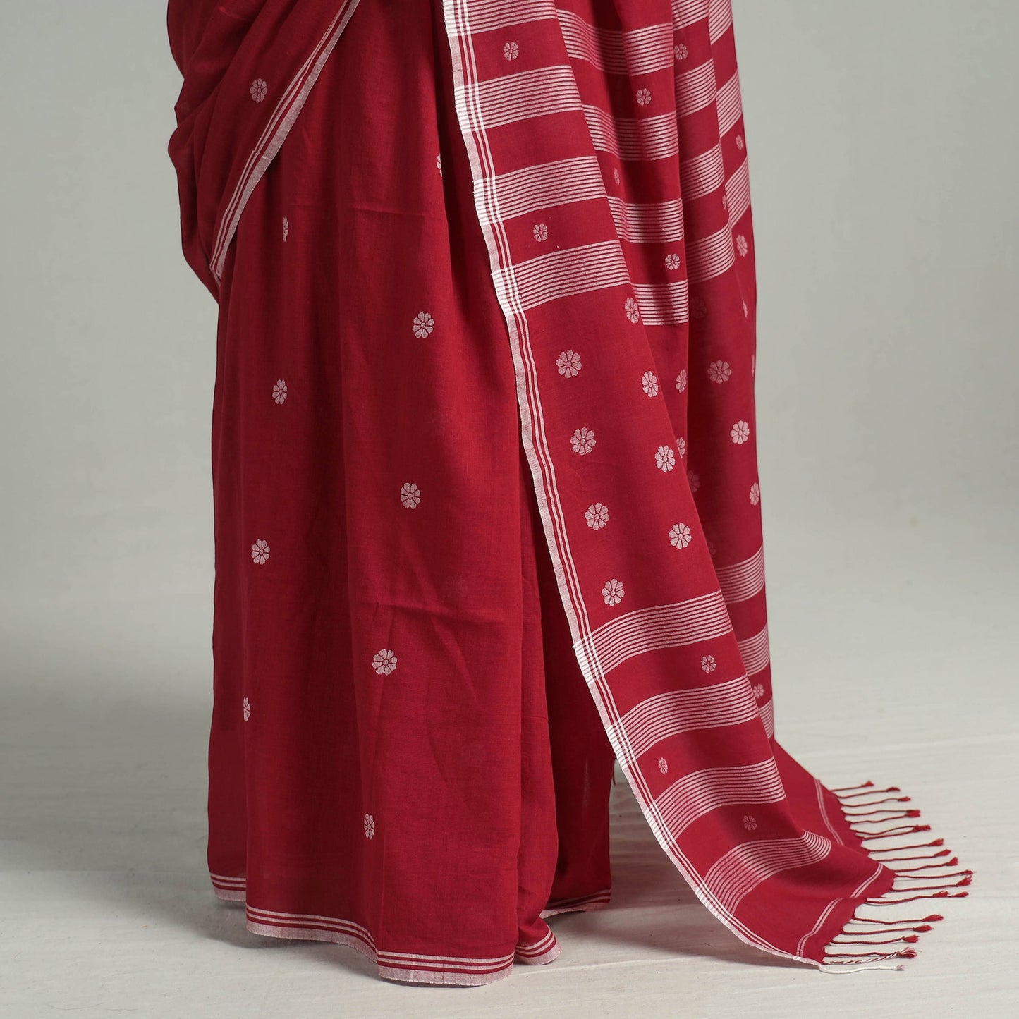  Red Handloom Cotton Phulia Jamdani Saree with Tassels 