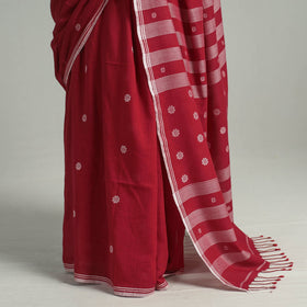  Red Handloom Cotton Phulia Jamdani Saree with Tassels 