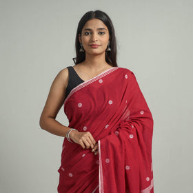  Red Handloom Cotton Phulia Jamdani Saree with Tassels 
