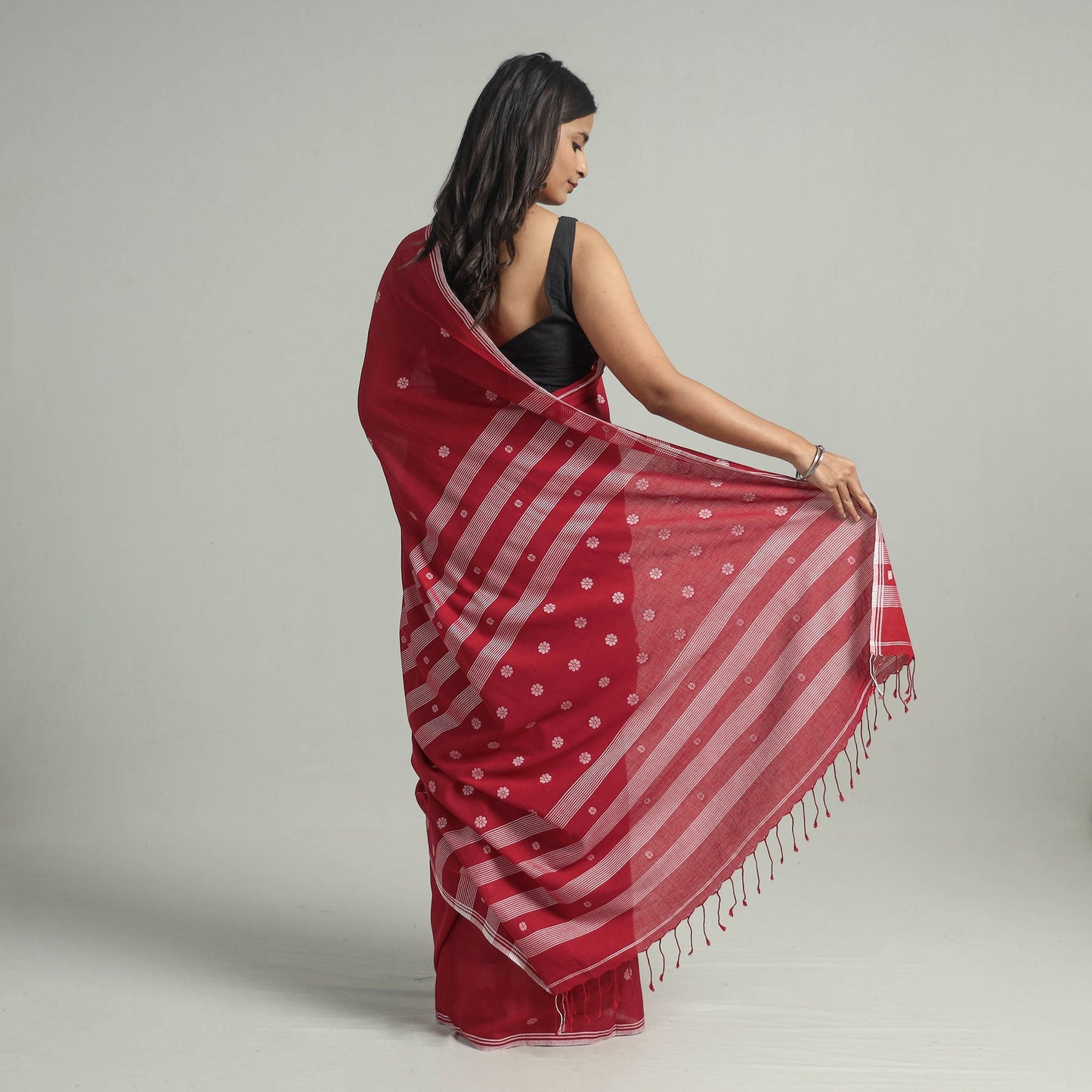  Red Handloom Cotton Phulia Jamdani Saree with Tassels 