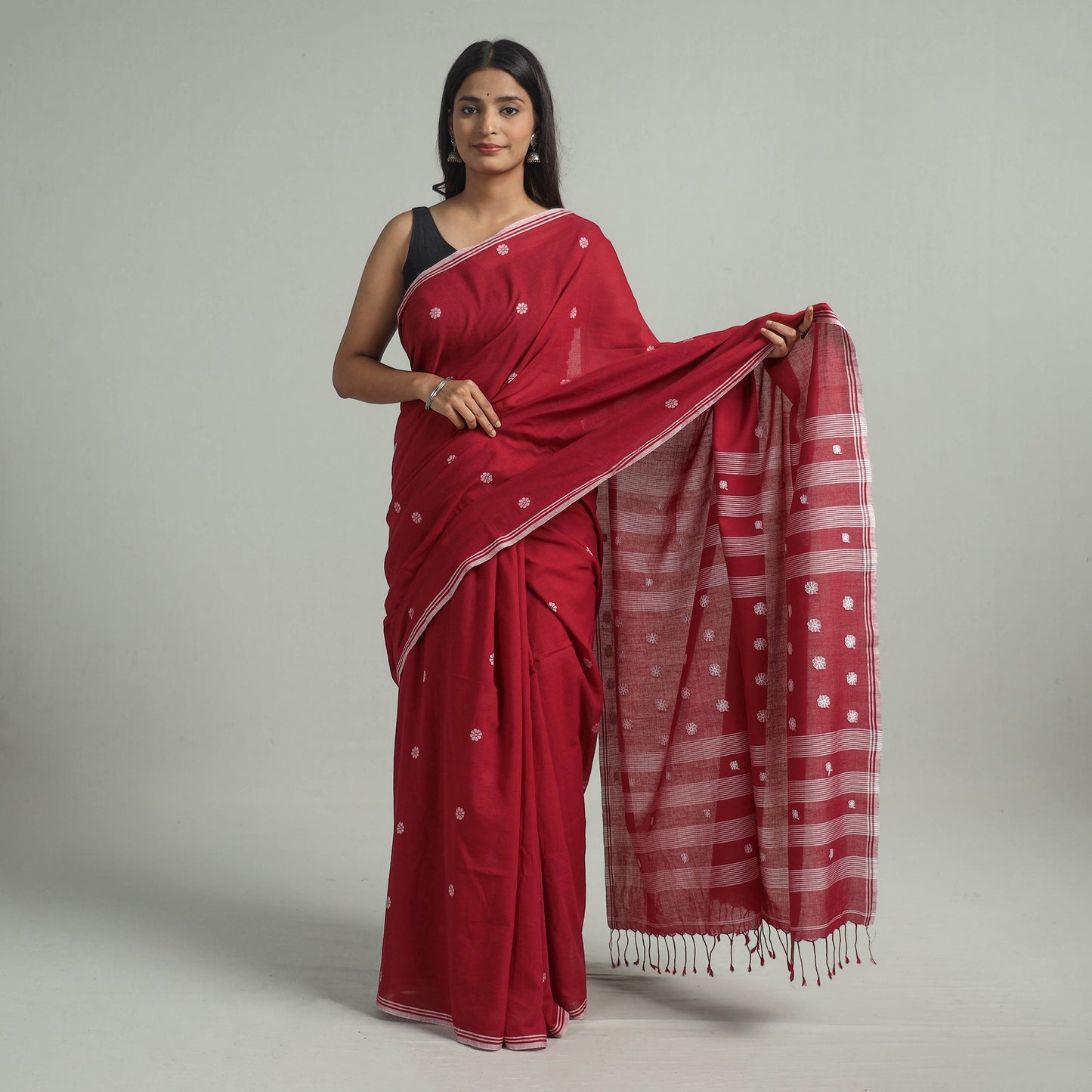  Red Handloom Cotton Phulia Jamdani Saree with Tassels 