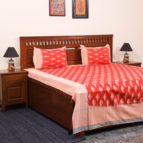 Red - handloom cotton pochampally ikat double bedsheet set